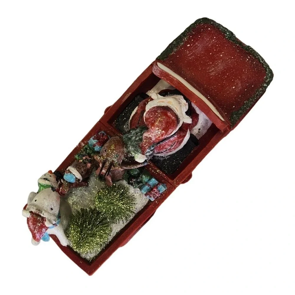 Santa Claus in a Red Truck Christmas Bottle Brush‎ Trees Folkart Distressed READ